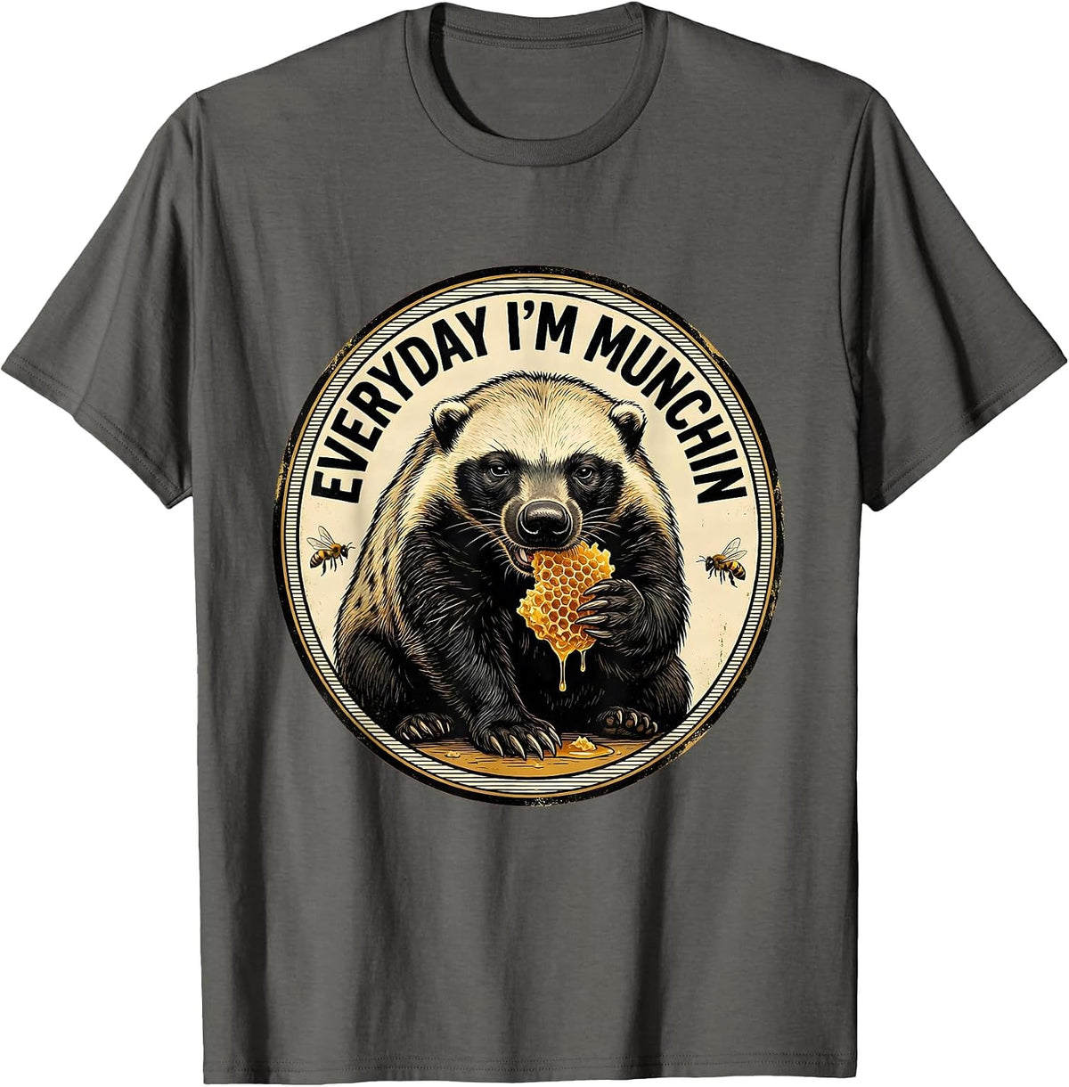 Everyday I'm Munchin' Vintage Funny Honey Badger Animal T-Shirt - Asphalt Grey