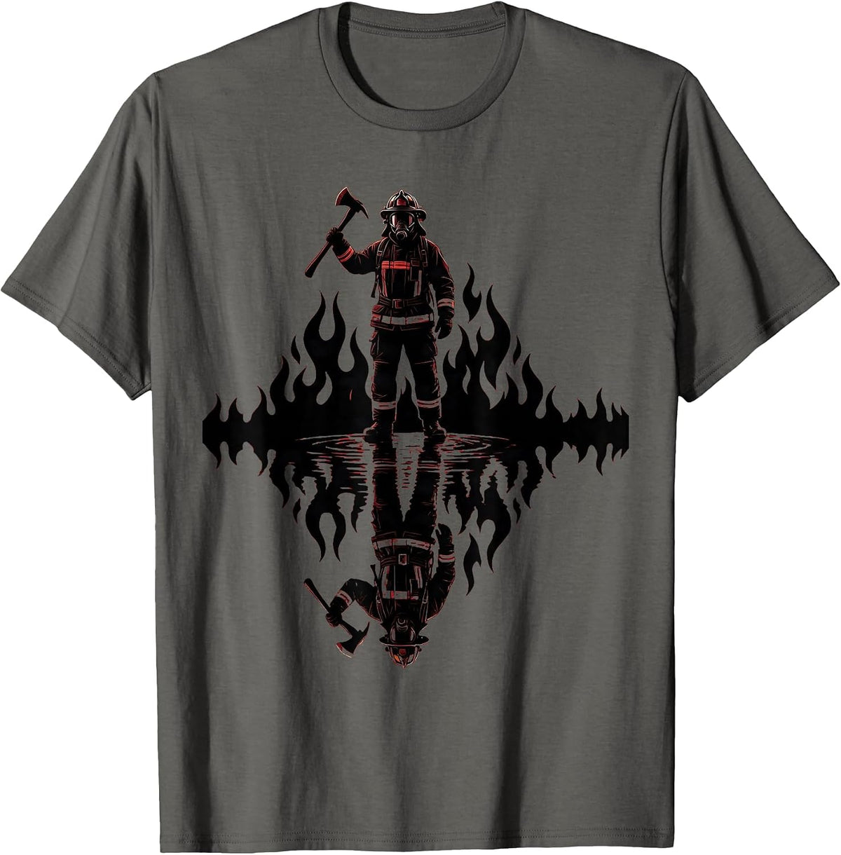 Firefighter Reflection Puddle Flames Graphic T-Shirt - Asphalt Grey