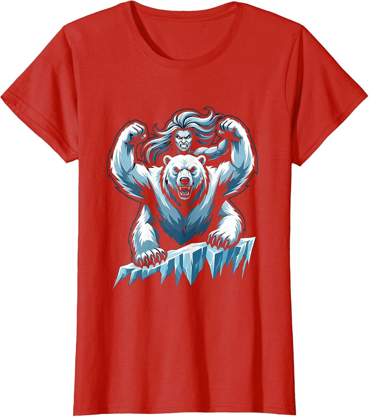 Women's Woman and Polar Bear on Icy Arctic Cliff T-Shirt - Red