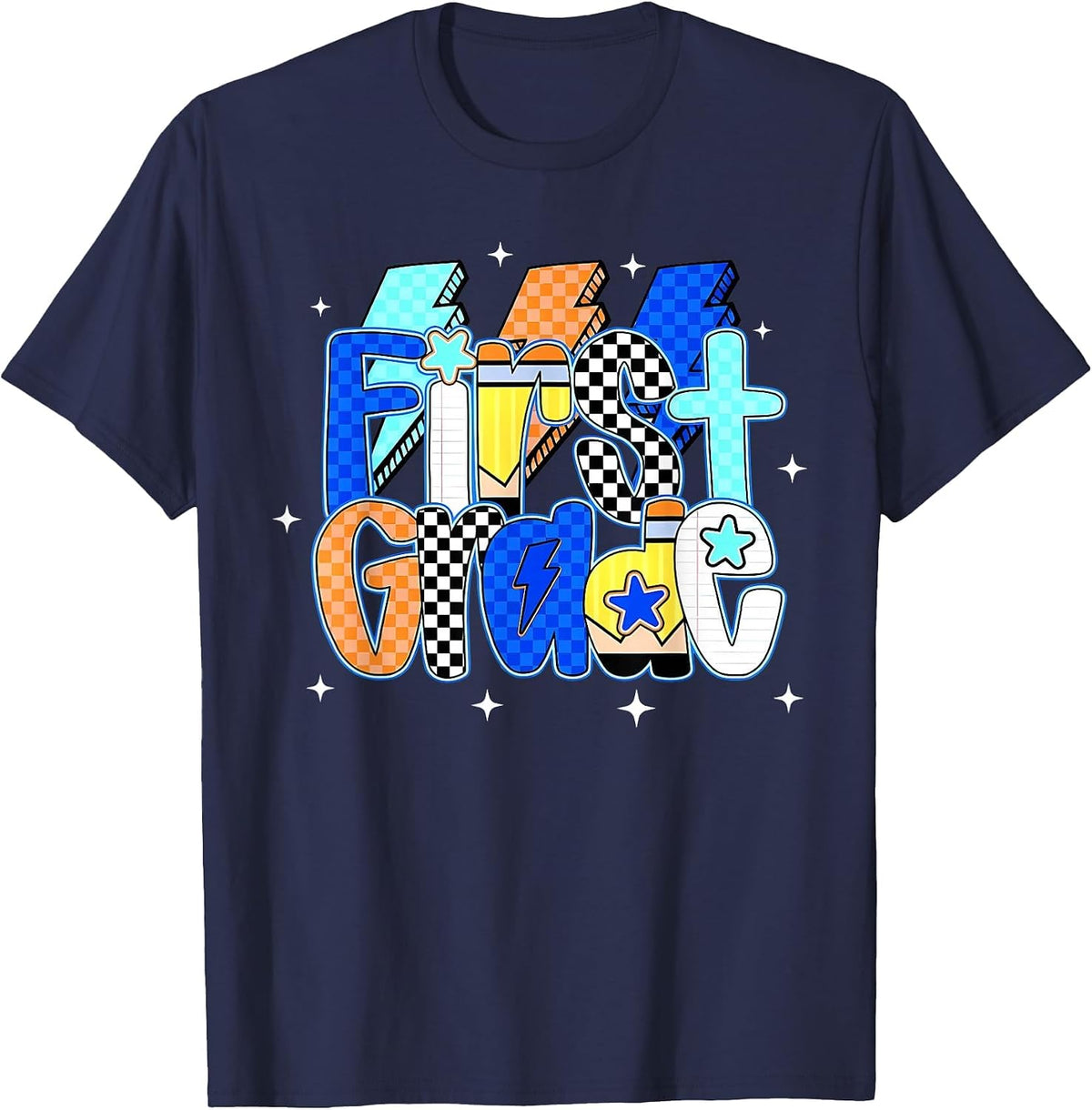 Checkered Lightning Bolt First Grade Back to School Girls T-Shirt - Navy Blue
