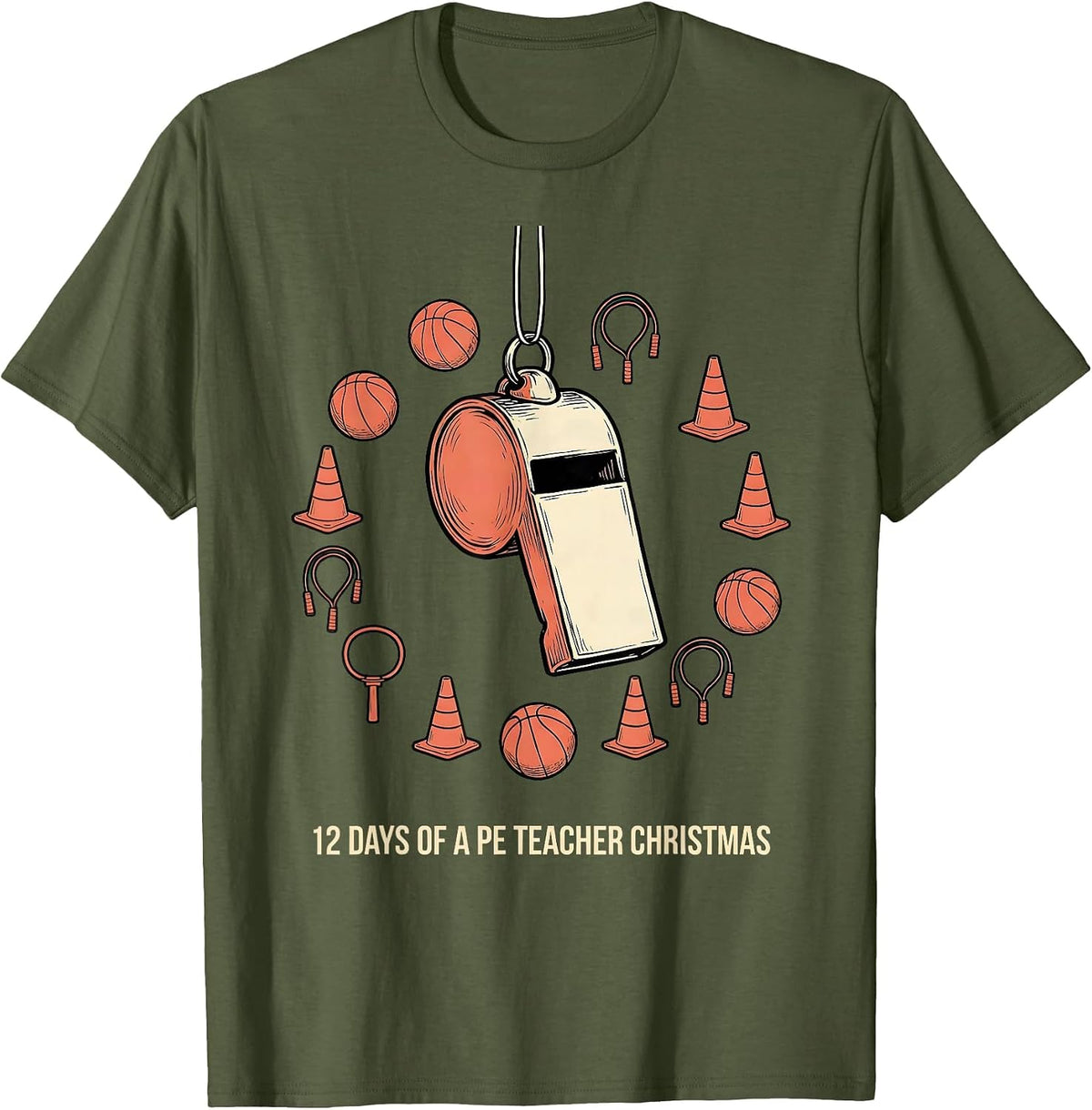 Men's 12 Days Of A PE Teacher Christmas Physical Education Xmas T-Shirt - Olive Green