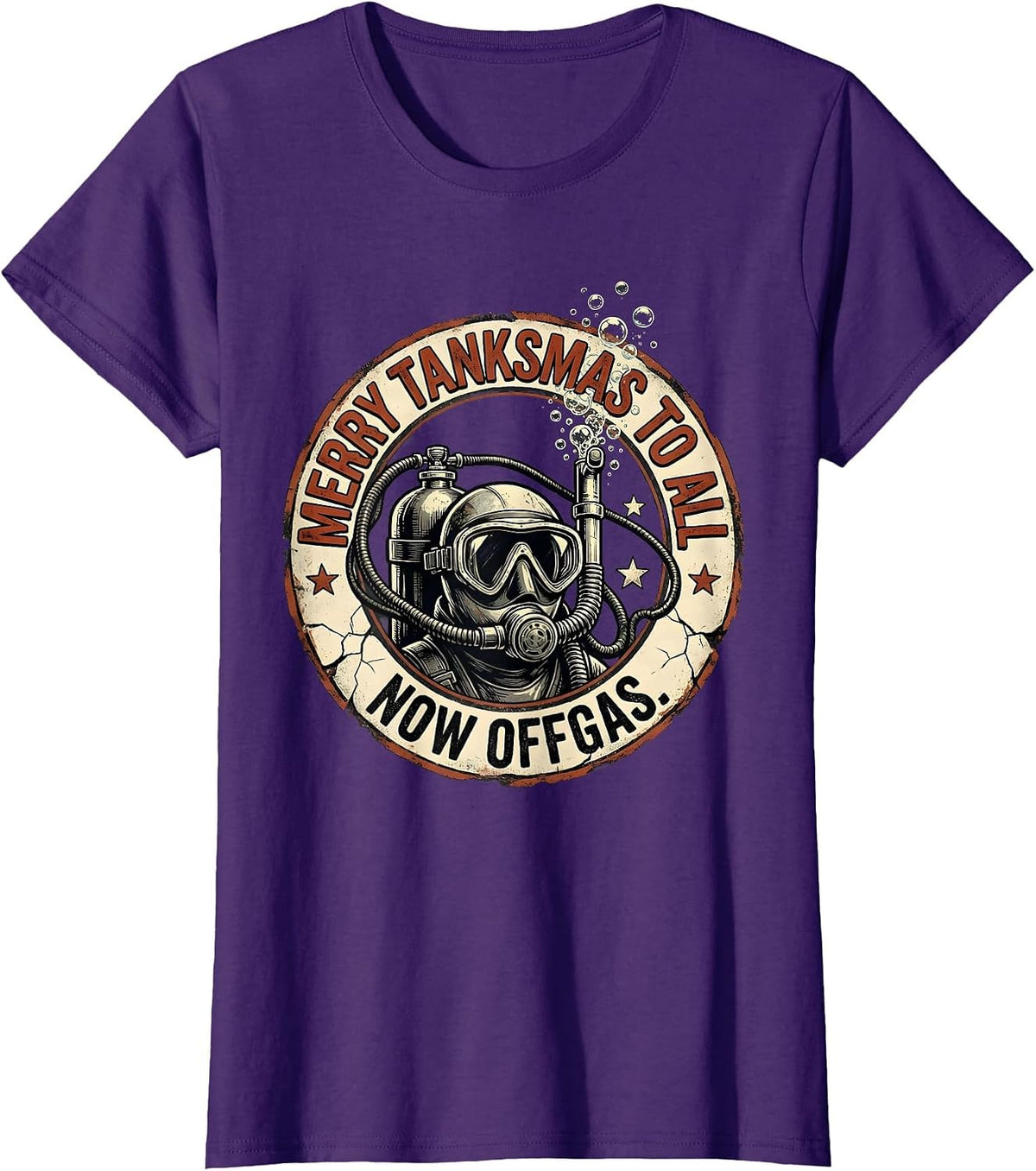 Women's Merry Tanksmas To All, Now Offgas Distressed Scuba Diver T-Shirt - Purple