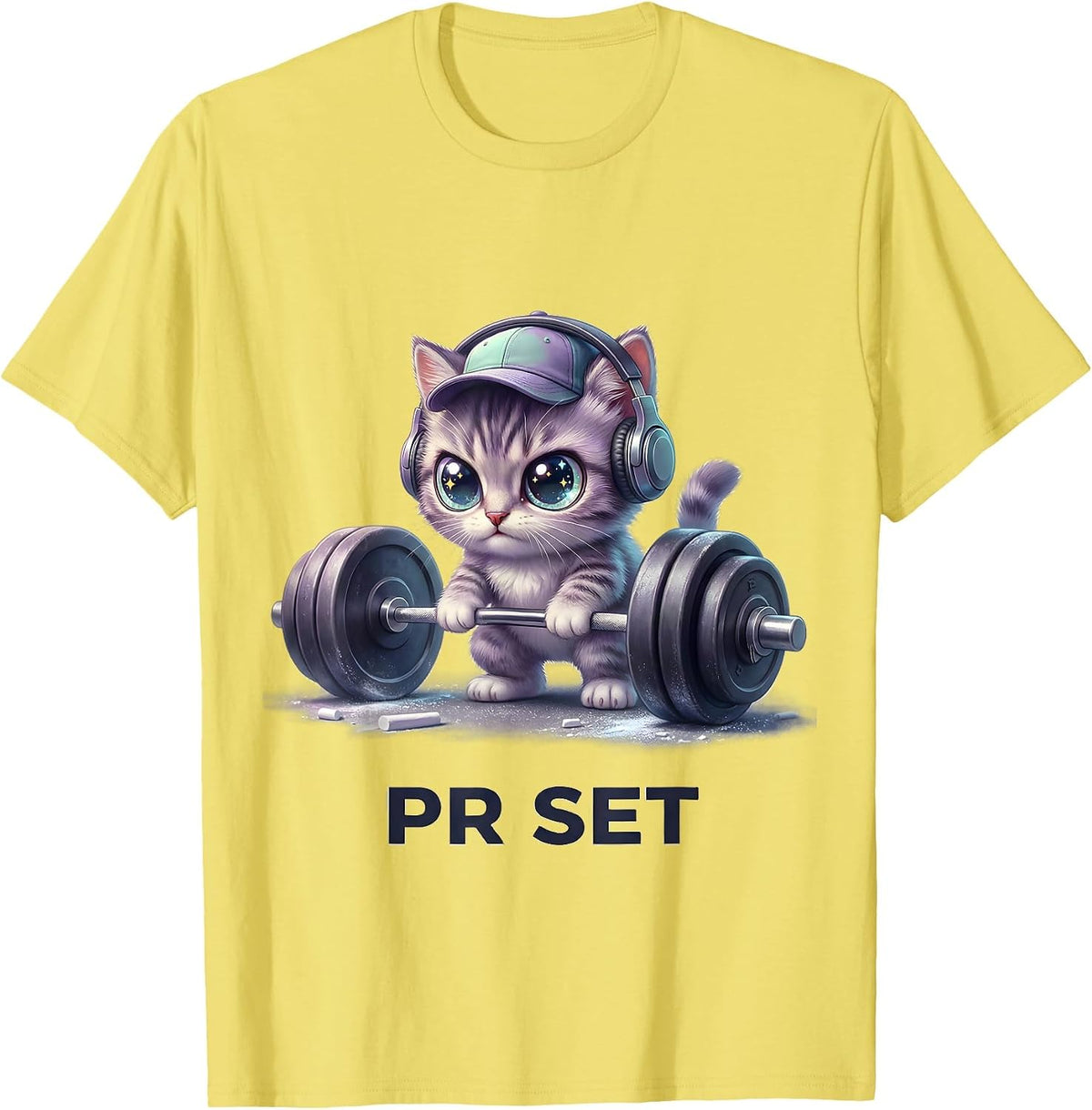 Men's PR Set Cute Kawaii Cat Weightlifting Gym Humor T-Shirt - Lemon Yellow