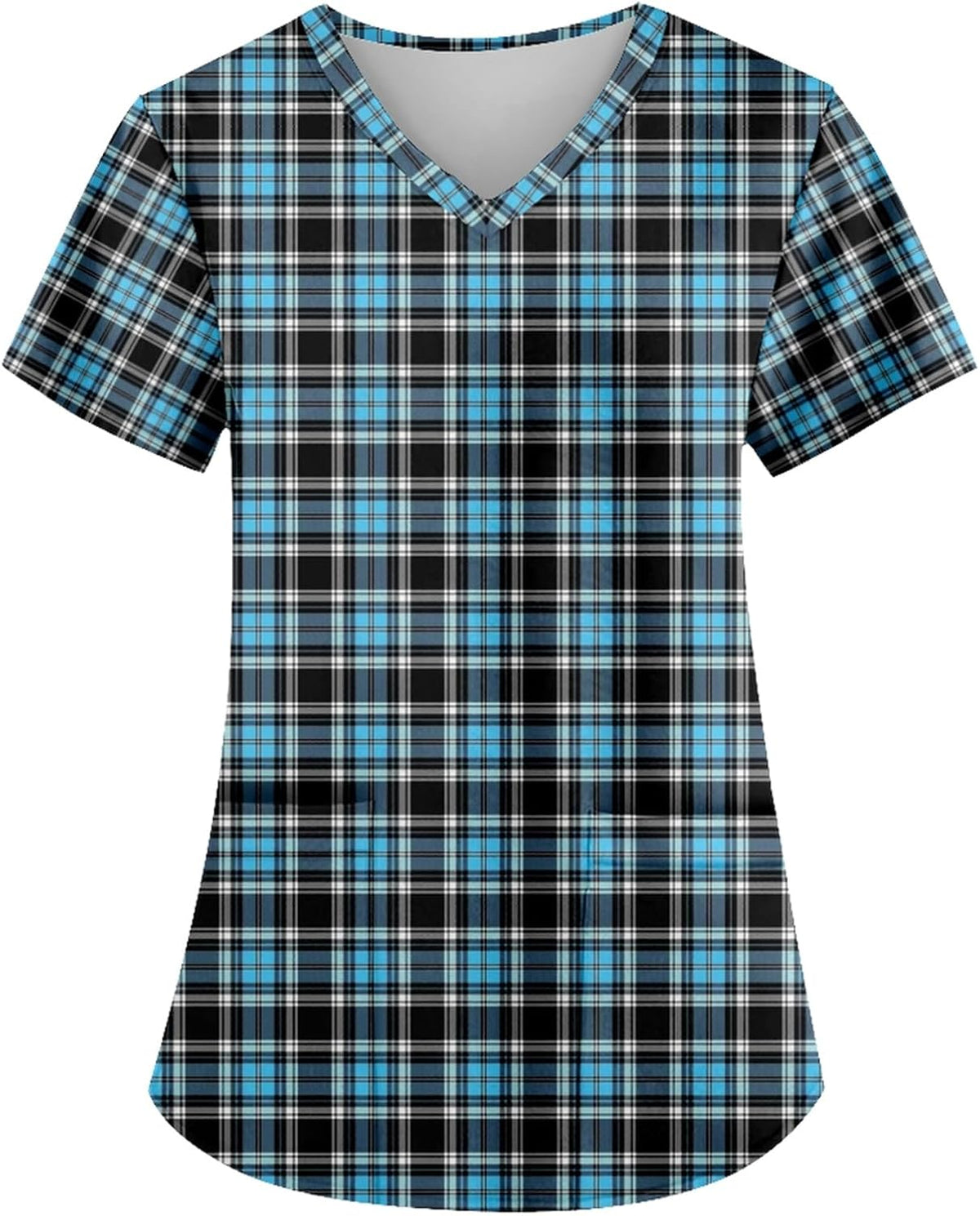 AMOMA Women's V-Neck Checkered Argyle Plaid Print Nurse Tops Short Sleeve Scrub Shirts with Two Pockets - Black Blue Plaid