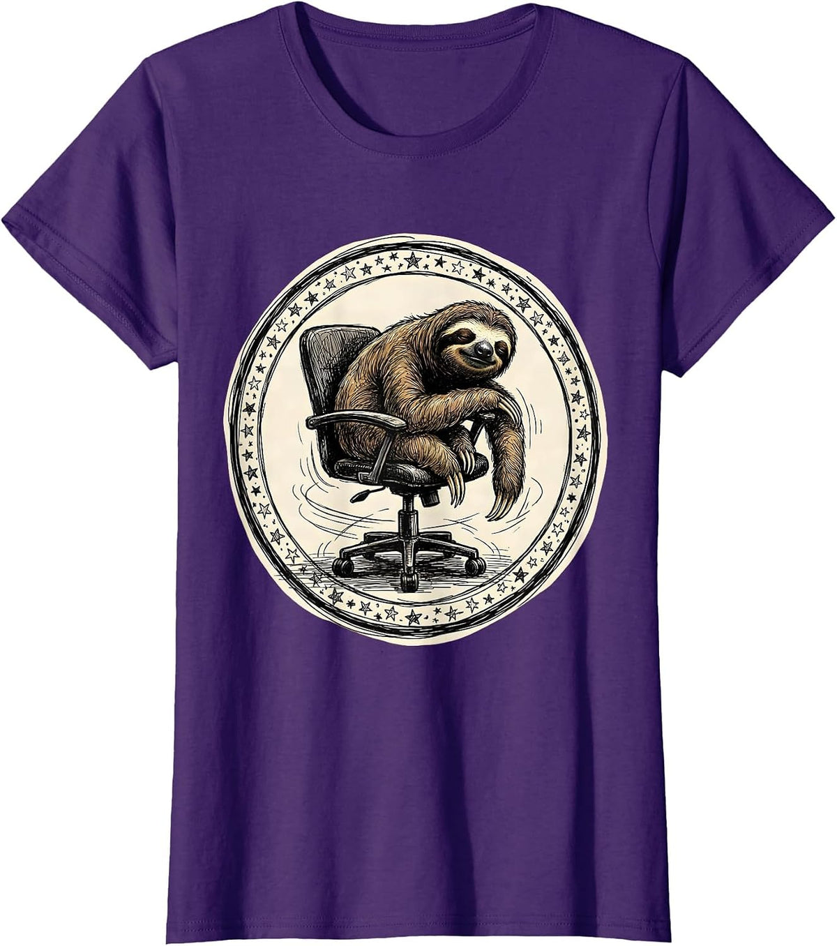 Women's Spinning Sloth Office Chair Funny Lazy Art T-Shirt - Purple