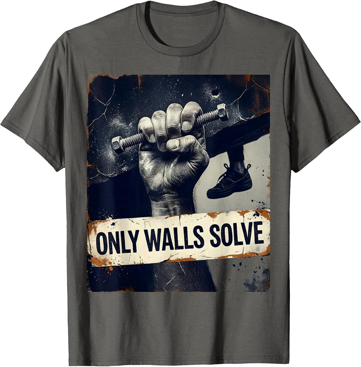 Only Walls Solve Distressed Rock Climbing Bouldering Humor T-Shirt - Asphalt Grey