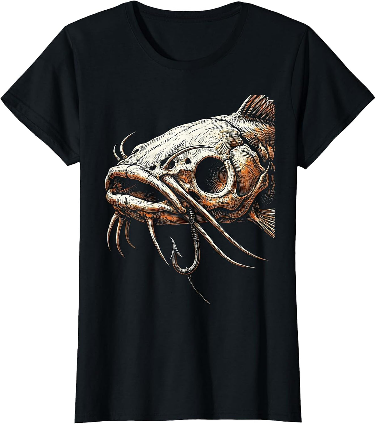 Women's Catfish Skull Hook Jaw Dark Fishing Graphic T-Shirt - Black