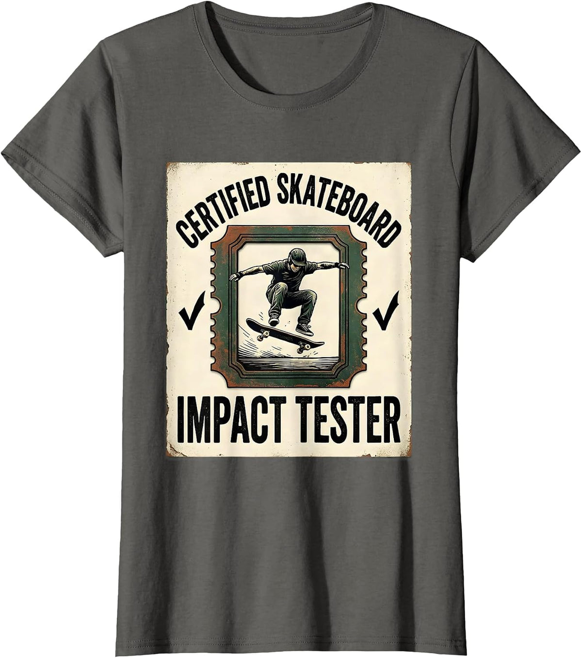 Women's Certified Skateboard Impact Tester Vintage Skateboarder T-Shirt - Asphalt Grey