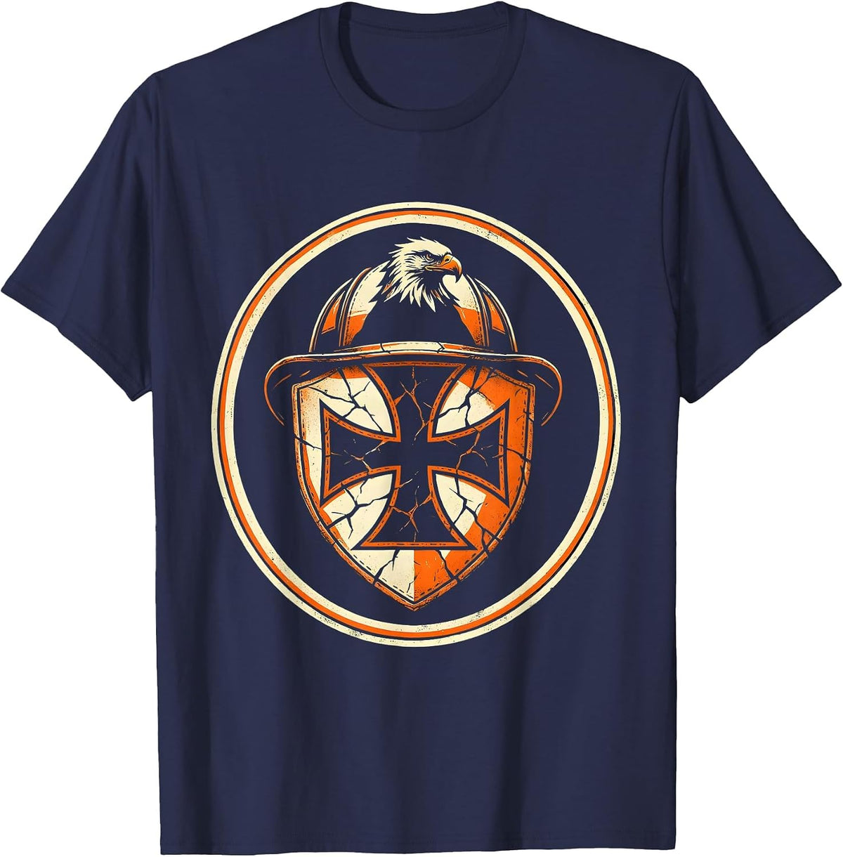 Firefighter Leather Helmet Badge Close-Up Graphic T-Shirt - Navy Blue