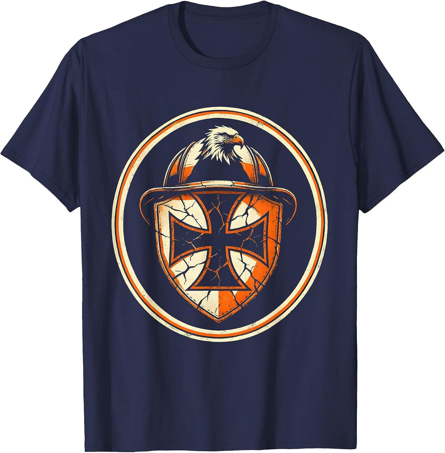 Firefighter Leather Helmet Badge Close-Up Graphic T-Shirt - Navy Blue