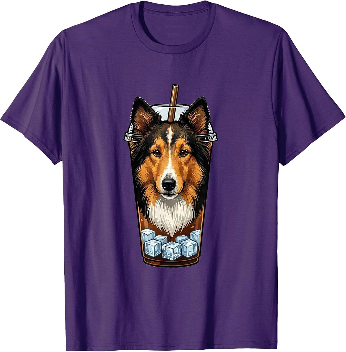 Men's Iced Coffee Shetland Sheepdog Dog Lover Meme Humor T-Shirt - Purple