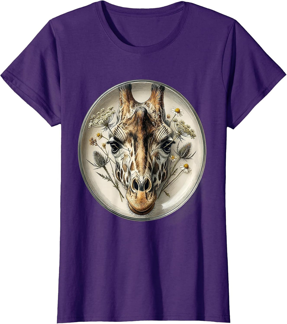 Women's Giraffe Skull Wildflowers Gothic Nature Art T-Shirt - Purple