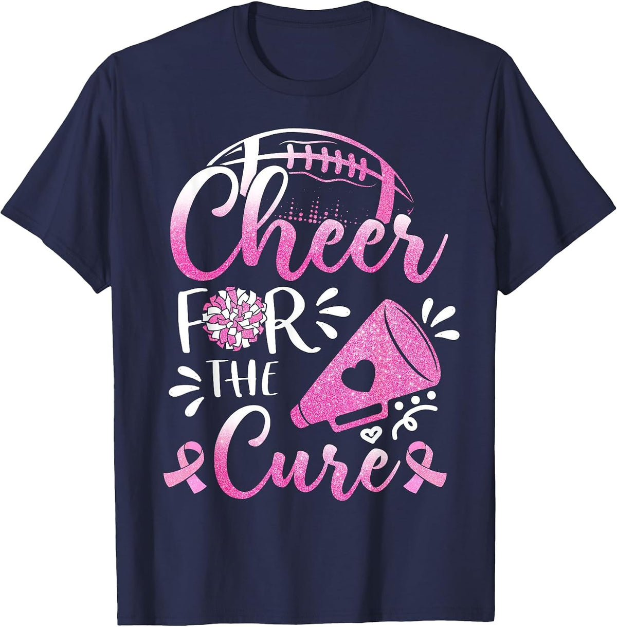 Womens Breast Cancer Awareness Cheer for The Cure Football T-Shirt - Navy Blue