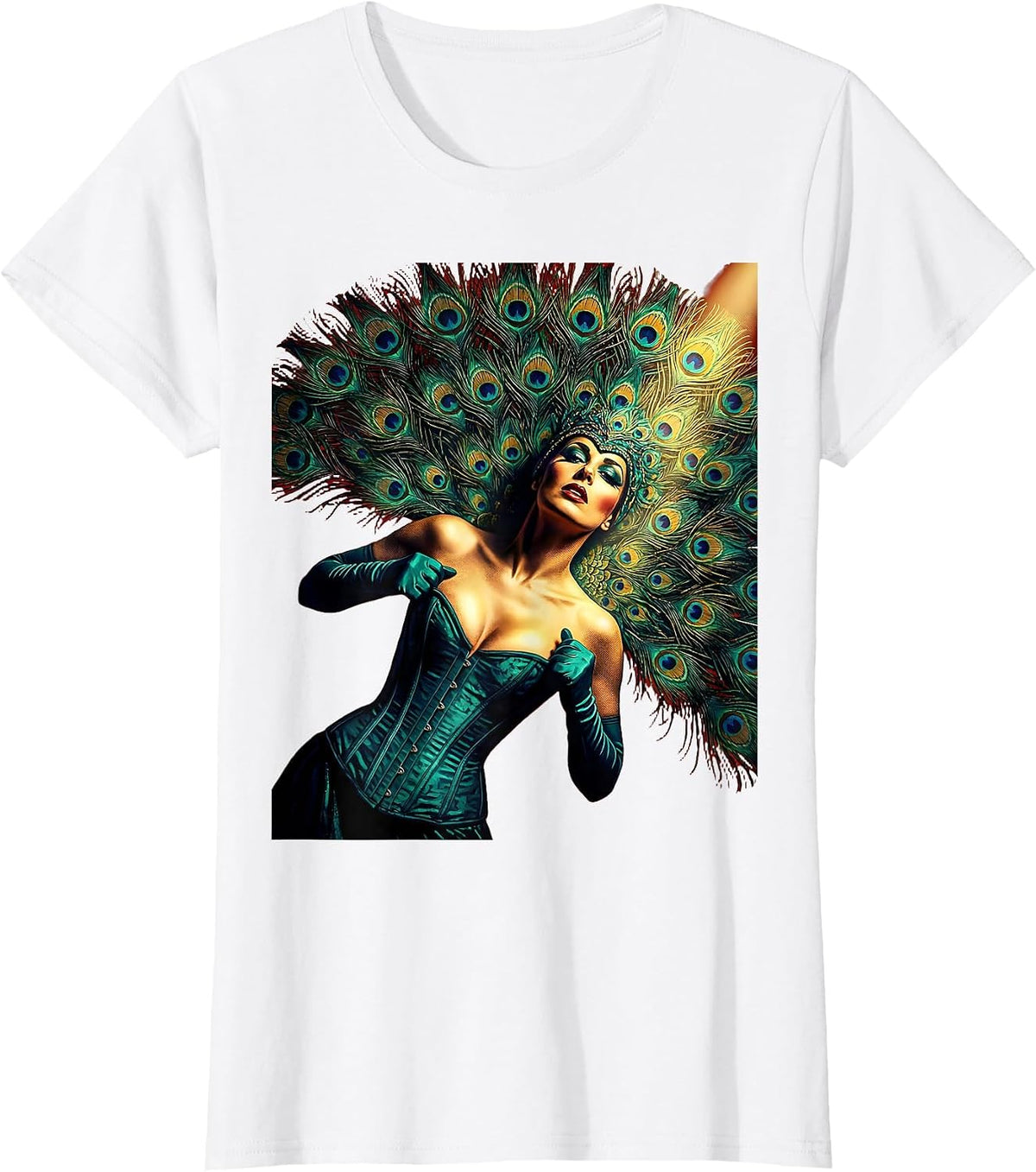 Women's Showgirl Peacock Feather Corset Illustration T-Shirt - White