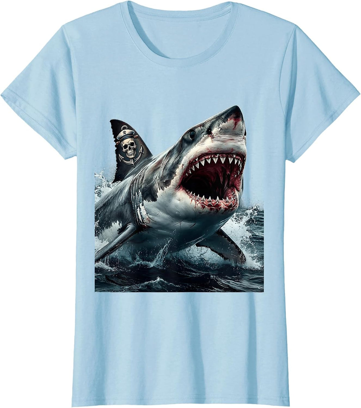 Shark With Anchor Tattoo Dorsal Fin Art T-Shirt - Baby Blue