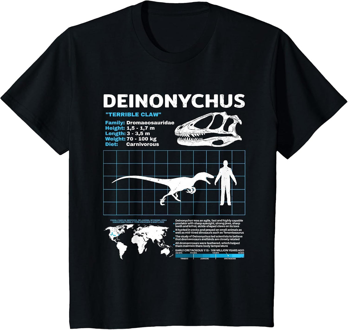 Deinonychus Fact Sheet Skull Fossil T-Shirt - Black