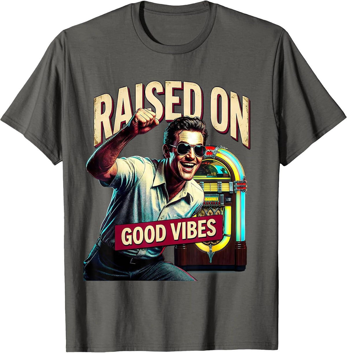 Raised on Good Vibes Retro Graphic Design T-Shirt - Asphalt Grey