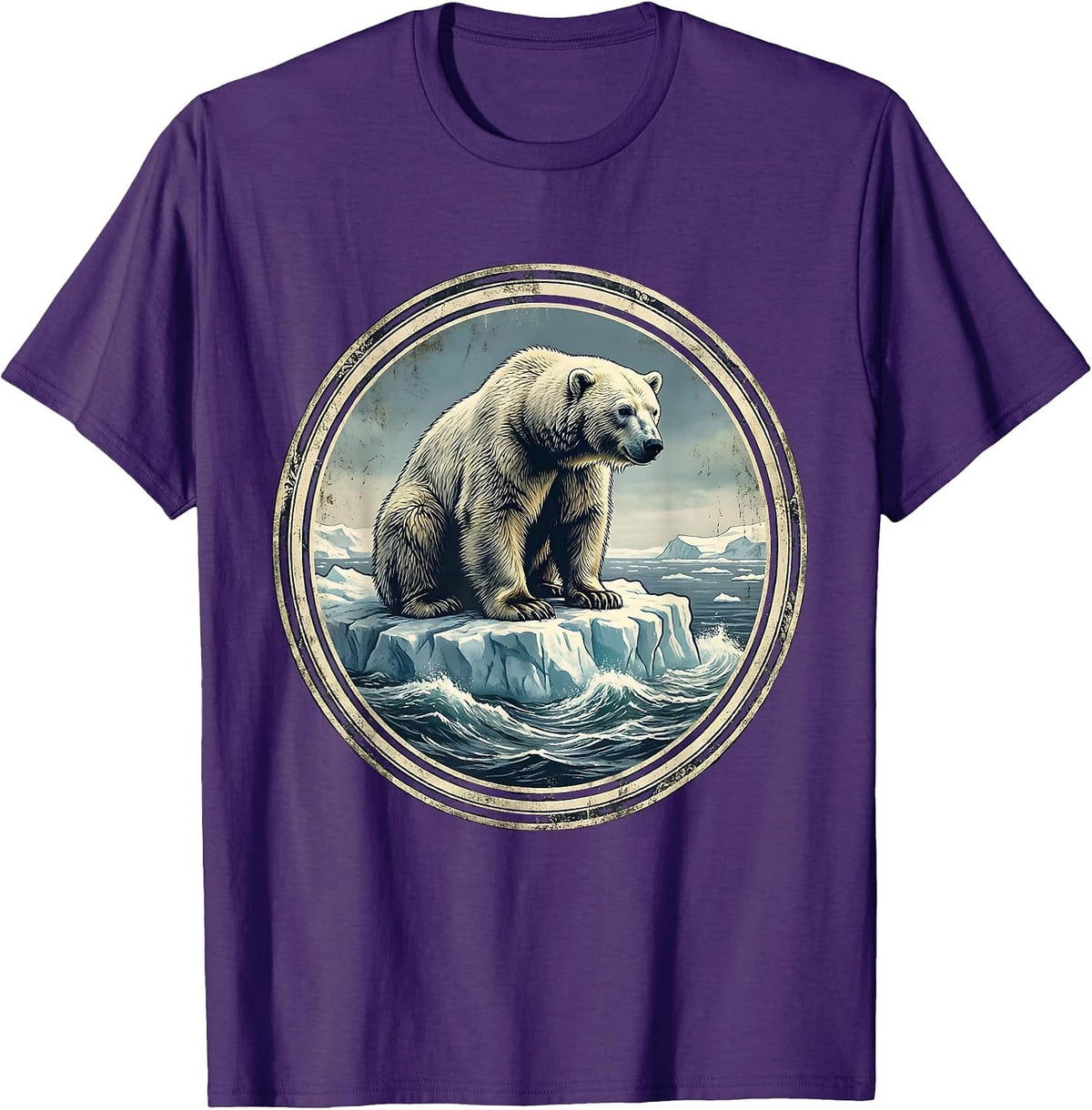 Polar Bear Drifting on Ice Floe Illustration T-Shirt - Purple