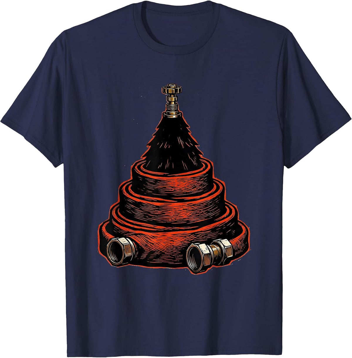 Men's Fire Hose Tree Linocut Firefighter Tribute Gift T-Shirt - Navy Blue