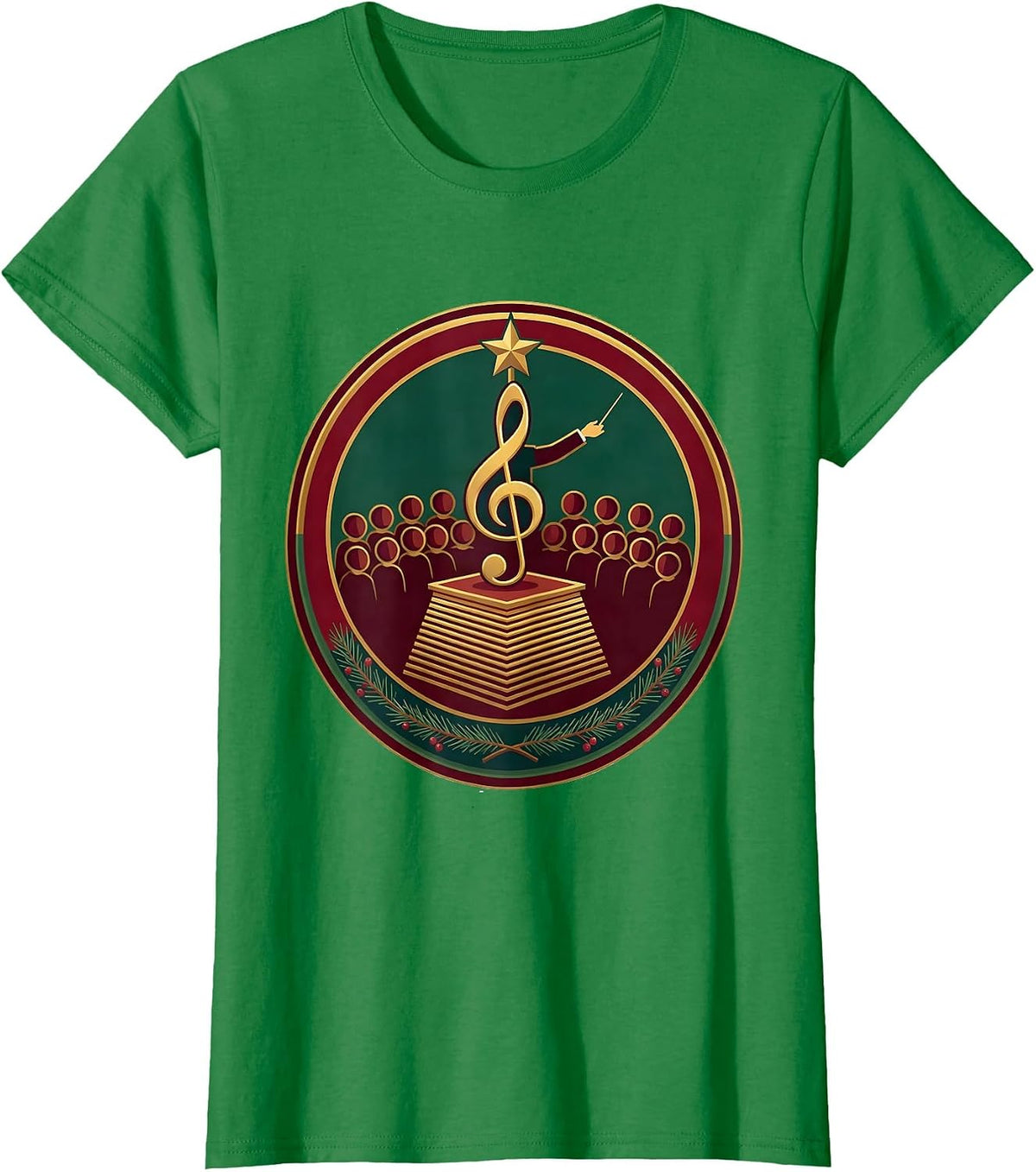 Women's Christmas Treble Clef Music Teacher Podium Badge T-Shirt - Kelly Green