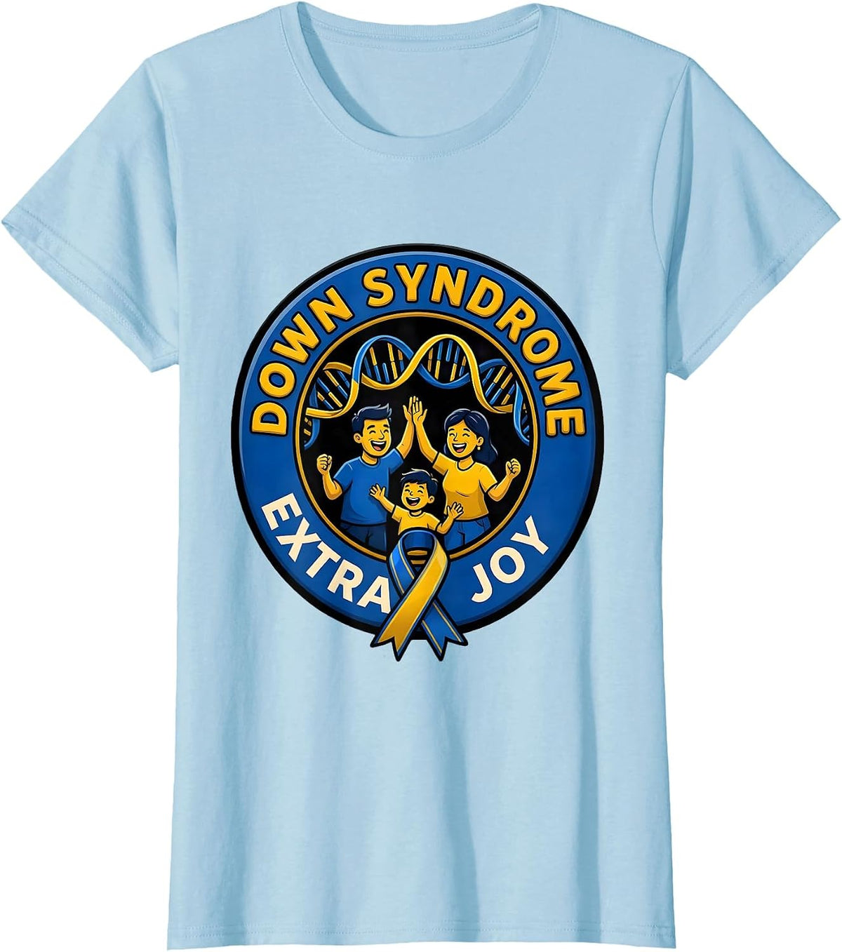 Down Syndrome Extra Joy Cartoon Family Support Awareness T-Shirt - Baby Blue