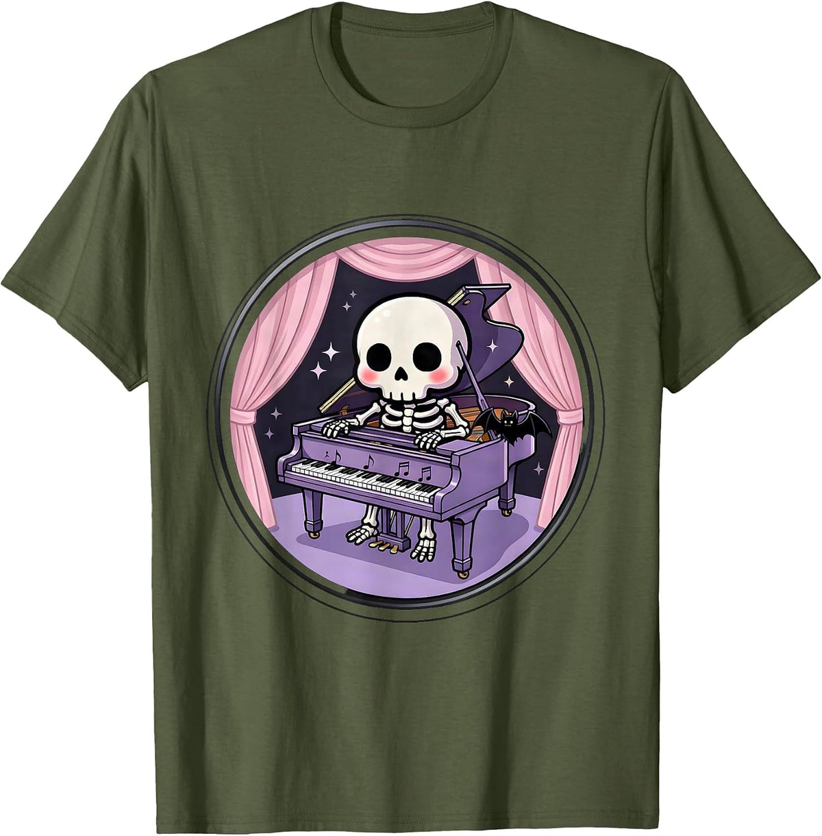Men's Skeleton Pianist Empty Theater Emo Gothic Design T-Shirt - Olive Green