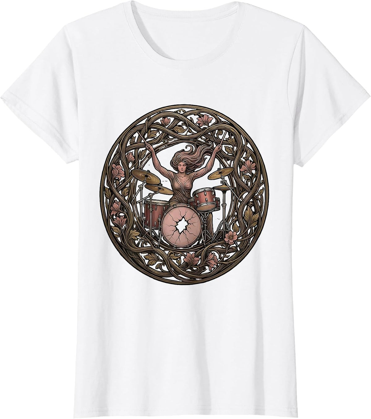 Women's Drummer Through Cracked Bass Drum Band Tee T-Shirt - White
