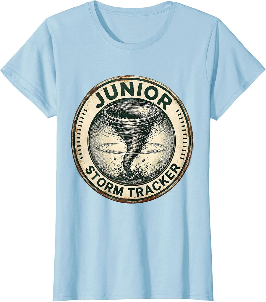 Women's Junior Storm Tracker Vintage Storm Chaser Tornado T-Shirt - Baby Blue