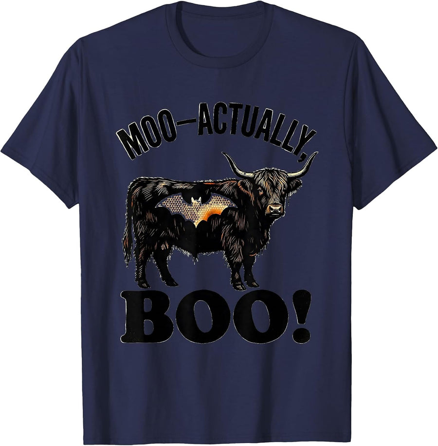 Moo—Actually, Boo! Whimsical Highland Cow Halloween Costume T-Shirt - Navy Blue