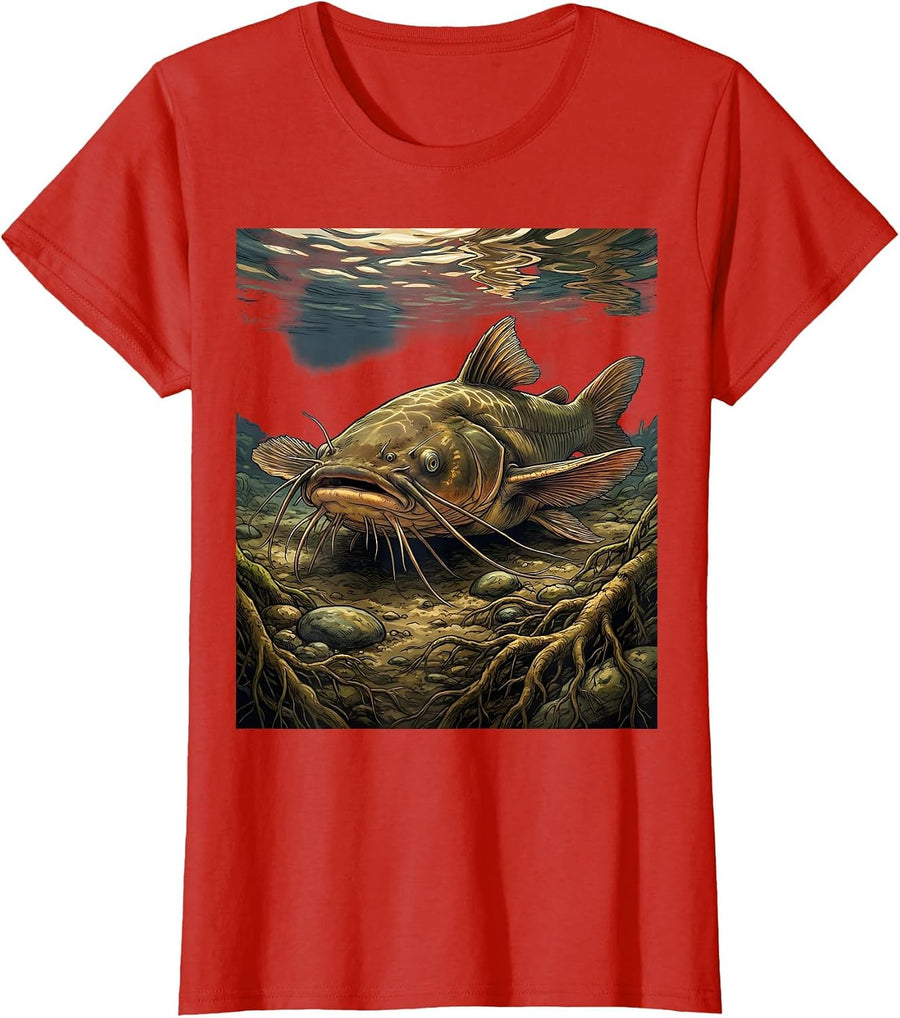 Women's Catfish Muddy River Bottom Fishing Graphic T-Shirt - Red