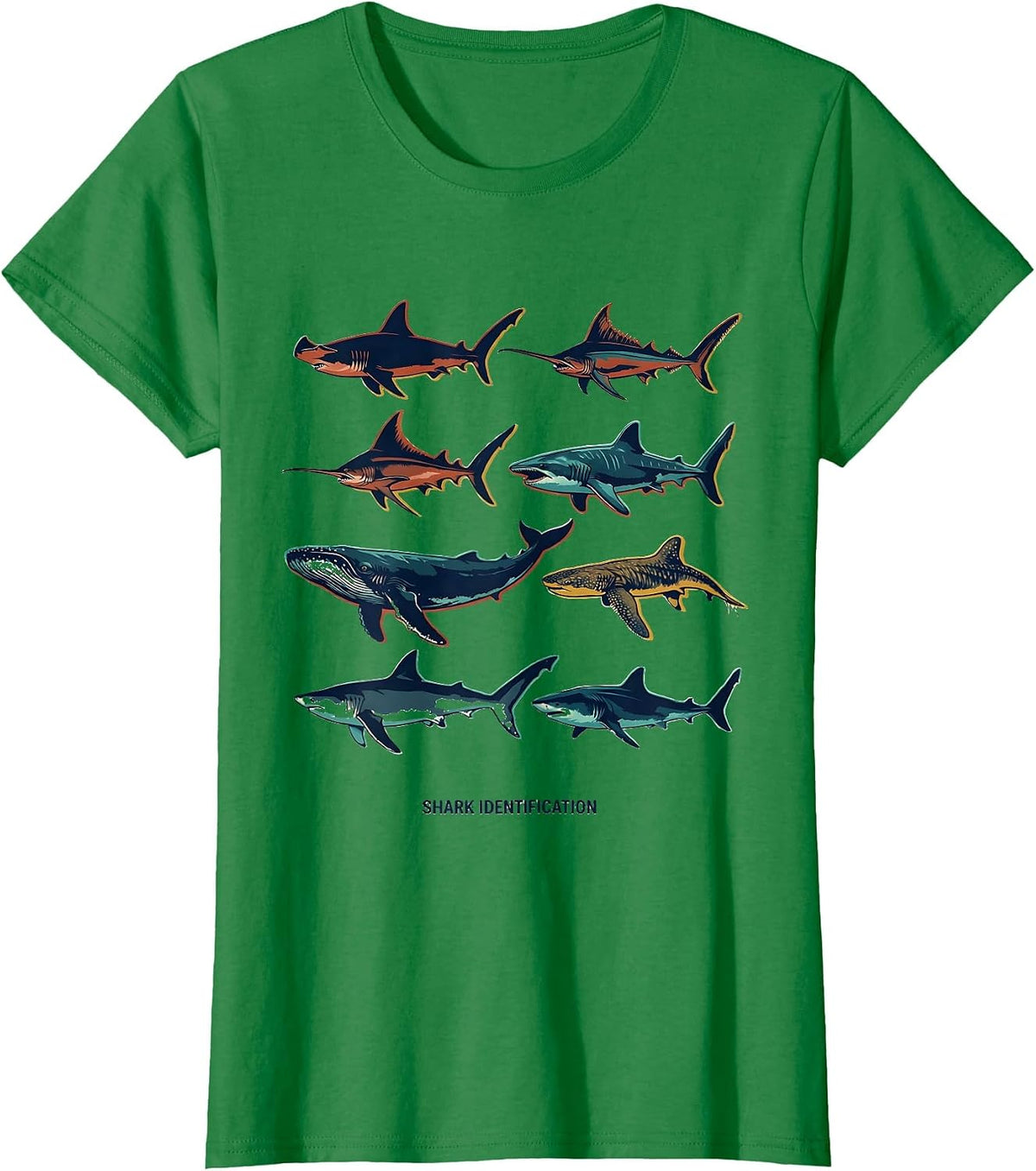 Women's Shark Identification Vintage Screenprint Marine Wildlife T-Shirt - Kelly Green