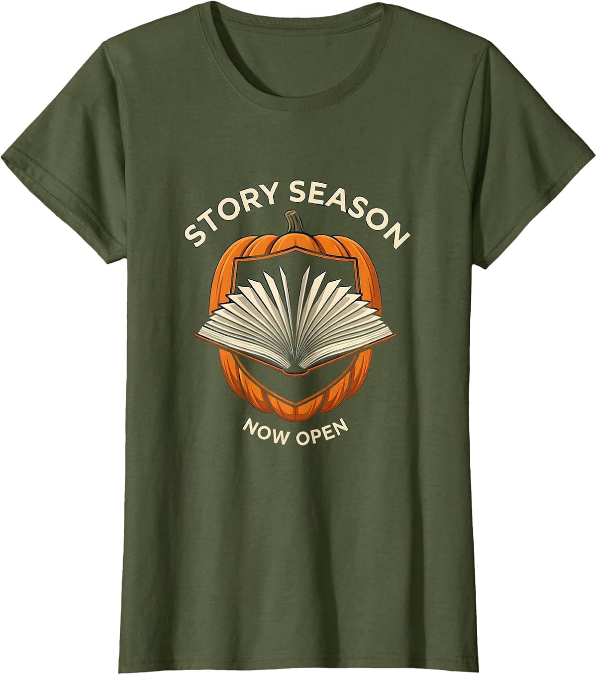 Women's Story Season Now Open Whimsical Teacher Reading Love Autumn T-Shirt - Olive Green