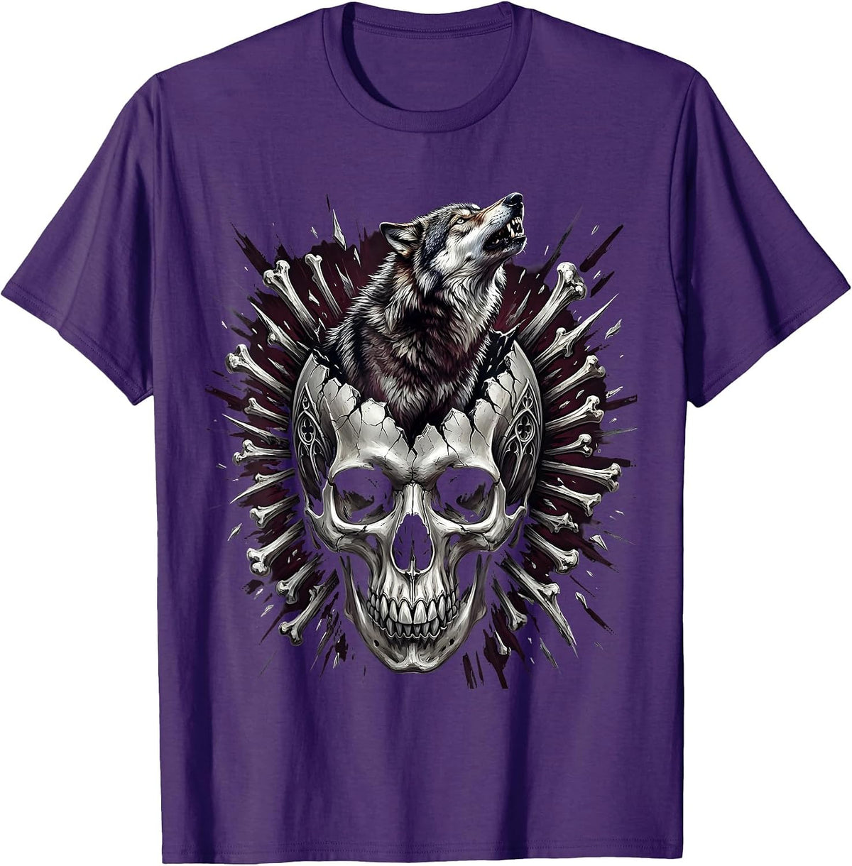 Wolf Howling Through Cracked Skull Goth Design T-Shirt - Purple