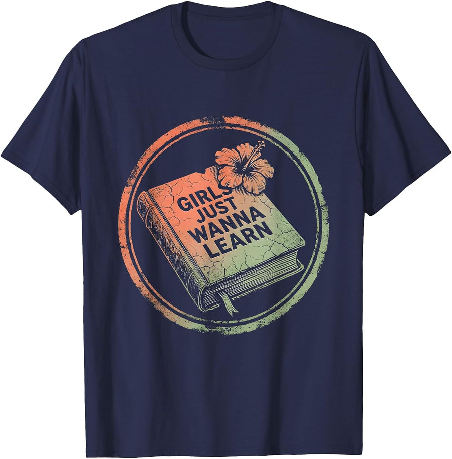 Girls Just Wanna Learn Pre-K Design T-Shirt - Navy Blue