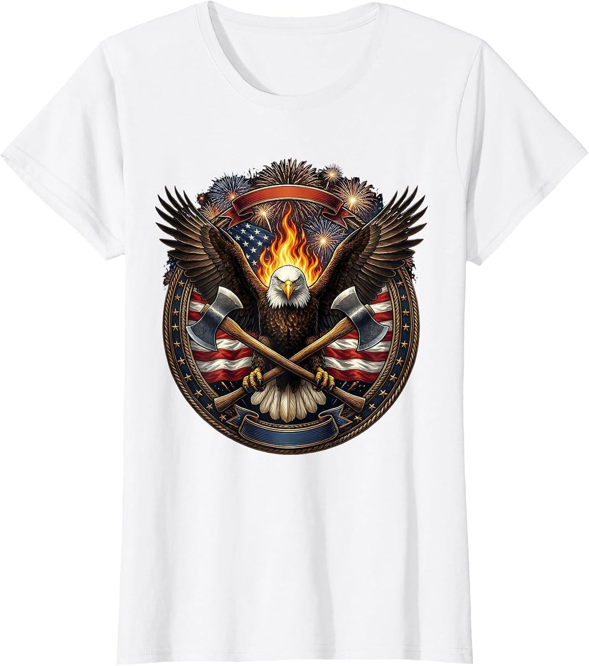 Crossed Axes Over Flame Firefighter Graphic T-Shirt - White