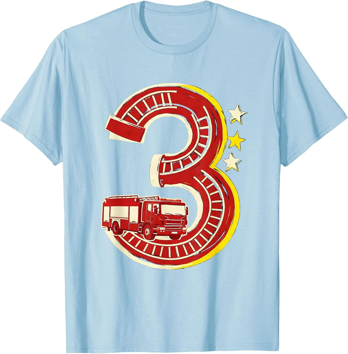 Men's Numeral Three Fire Truck Toddler Birthday Party T-Shirt - Baby Blue