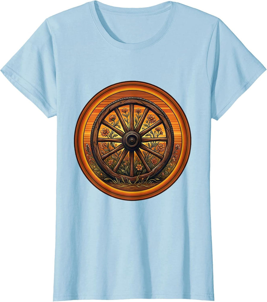 Women's Wagon Wheel Wildflowers Western Boho Floral Art T-Shirt - Baby Blue