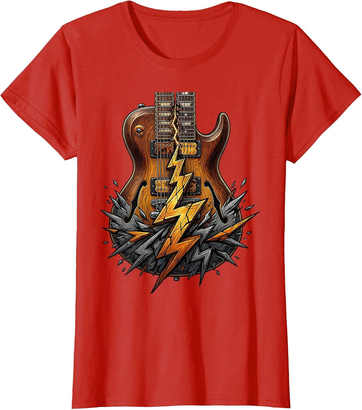 Double-Neck Guitar Lightning Bolt Rock Graphic T-Shirt - Red