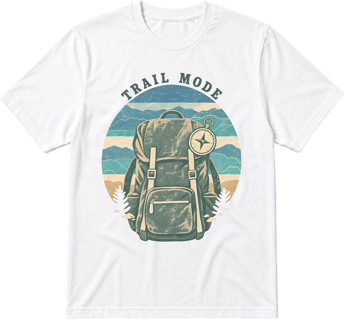 Retro Camping T-Shirt, Hiking Backpack and Compass Graphic - White