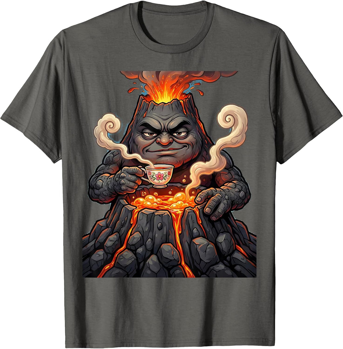 Volcano Tea Time Funny Chill Volcanic Illustration T-Shirt - Asphalt Grey