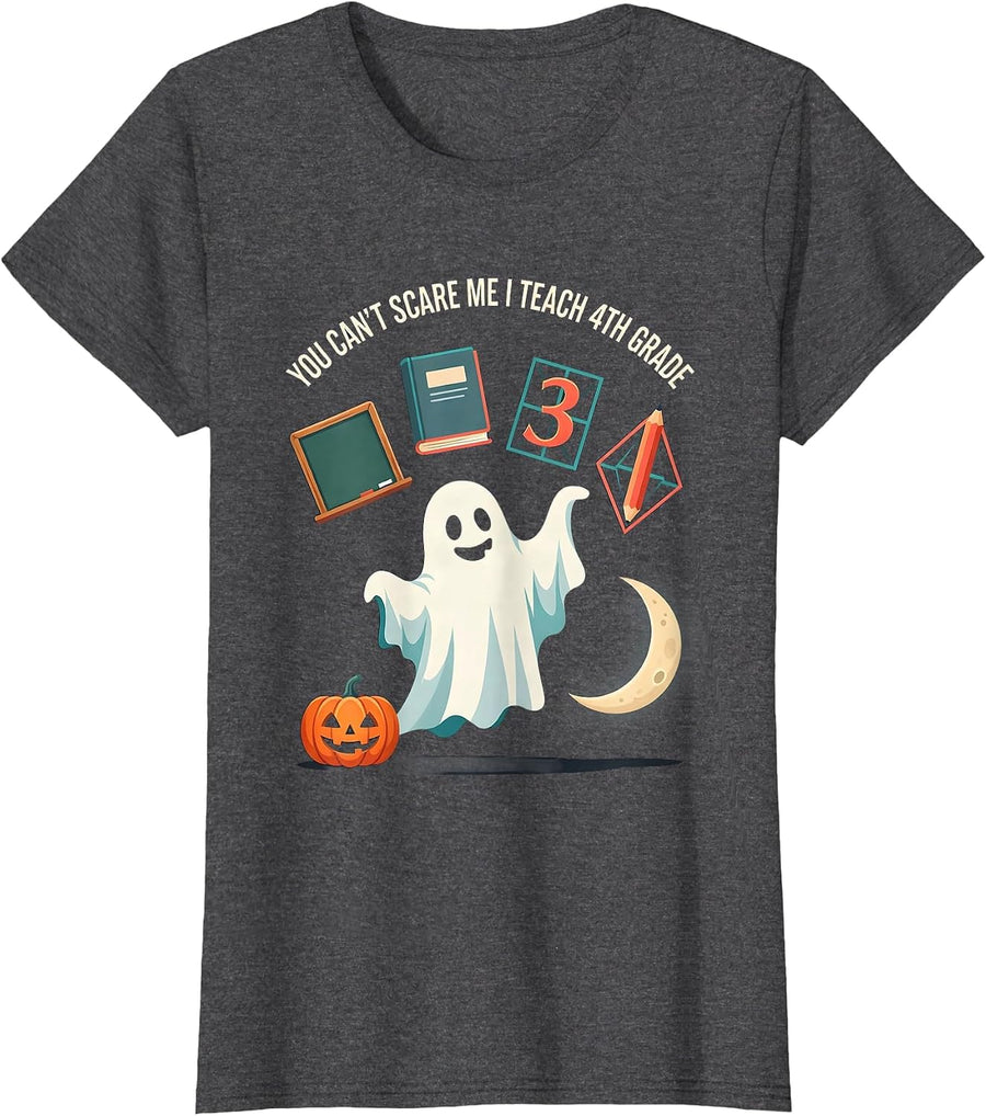 Women's You Can't Scare Me I Teach 4th Grade Groovy Ghost Teacher T-Shirt - Dark Heather Grey