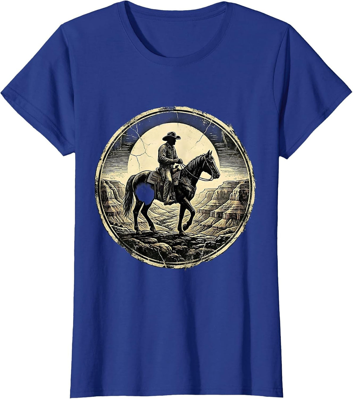 Women's Cowboy Silhouette Riding Into Canyon Sunset T-Shirt - Royal Blue