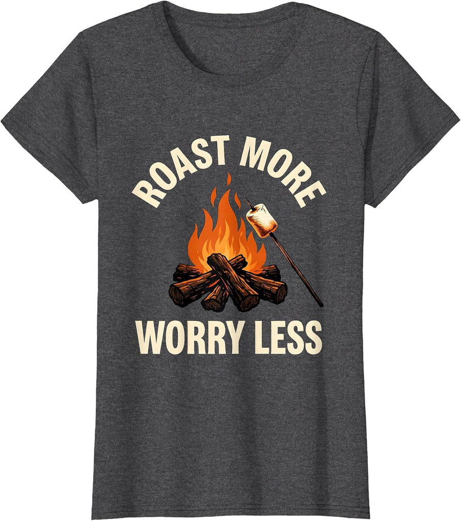 Women's Roast More Worry Less Coffee Lover Design T-Shirt - Dark Heather Grey