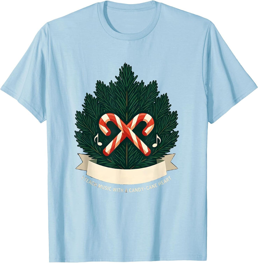 Men's I Teach Music With A Candy-Cane Heart Christmas Teacher T-Shirt - Baby Blue