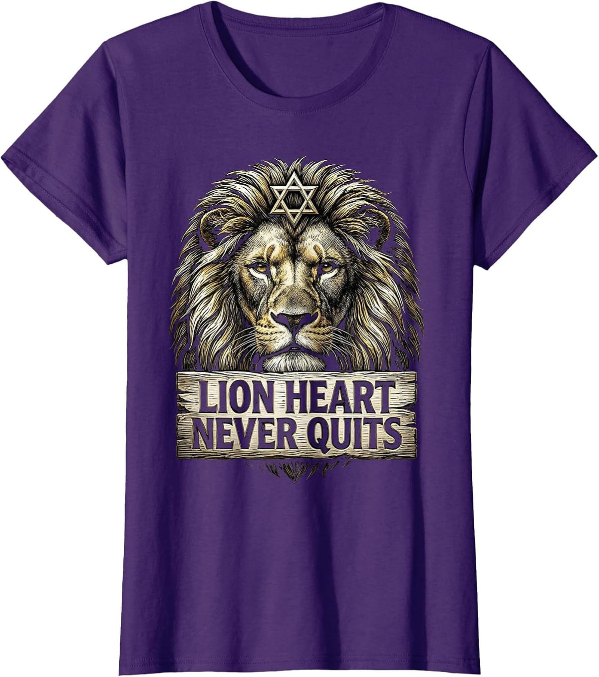 Women's Lion Heart Never Quits Lion of Judah Design T-Shirt - Purple