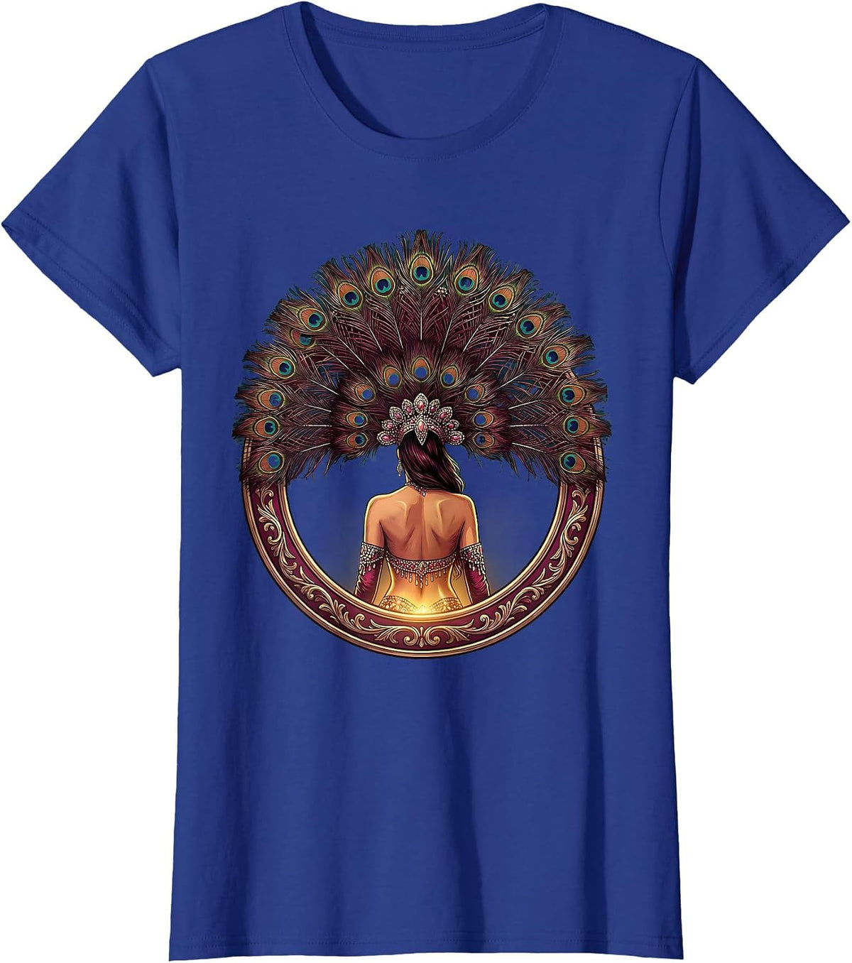 Women's Showgirl Feathered Headdress Graphic Design T-Shirt - Royal Blue