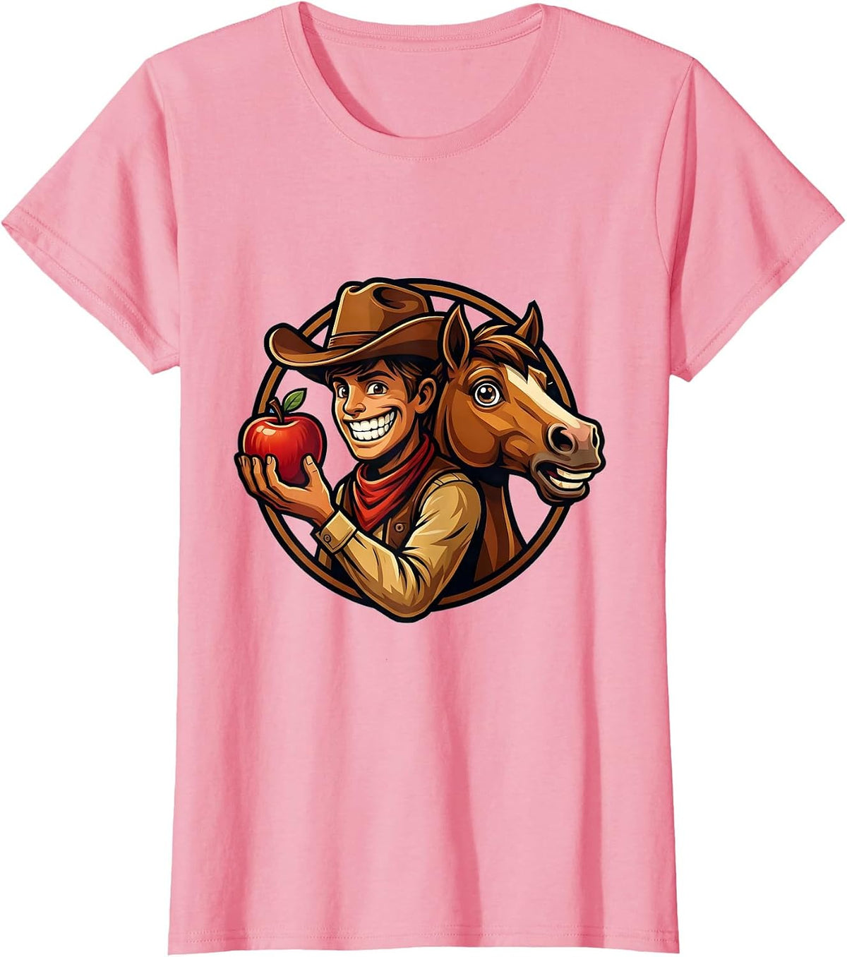 Women's Young Cowboy Feeding Apple to Horse Illustration T-Shirt - Pink