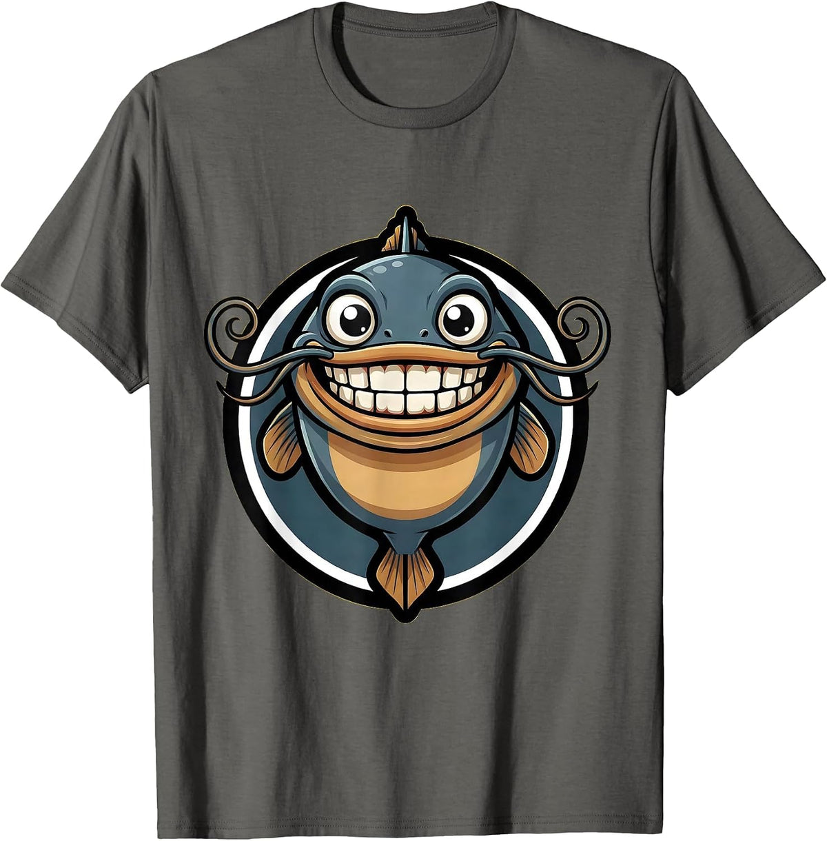 Men's Catfish Long Whiskers Wide Mouth Fishing Graphic T-Shirt - Asphalt Grey