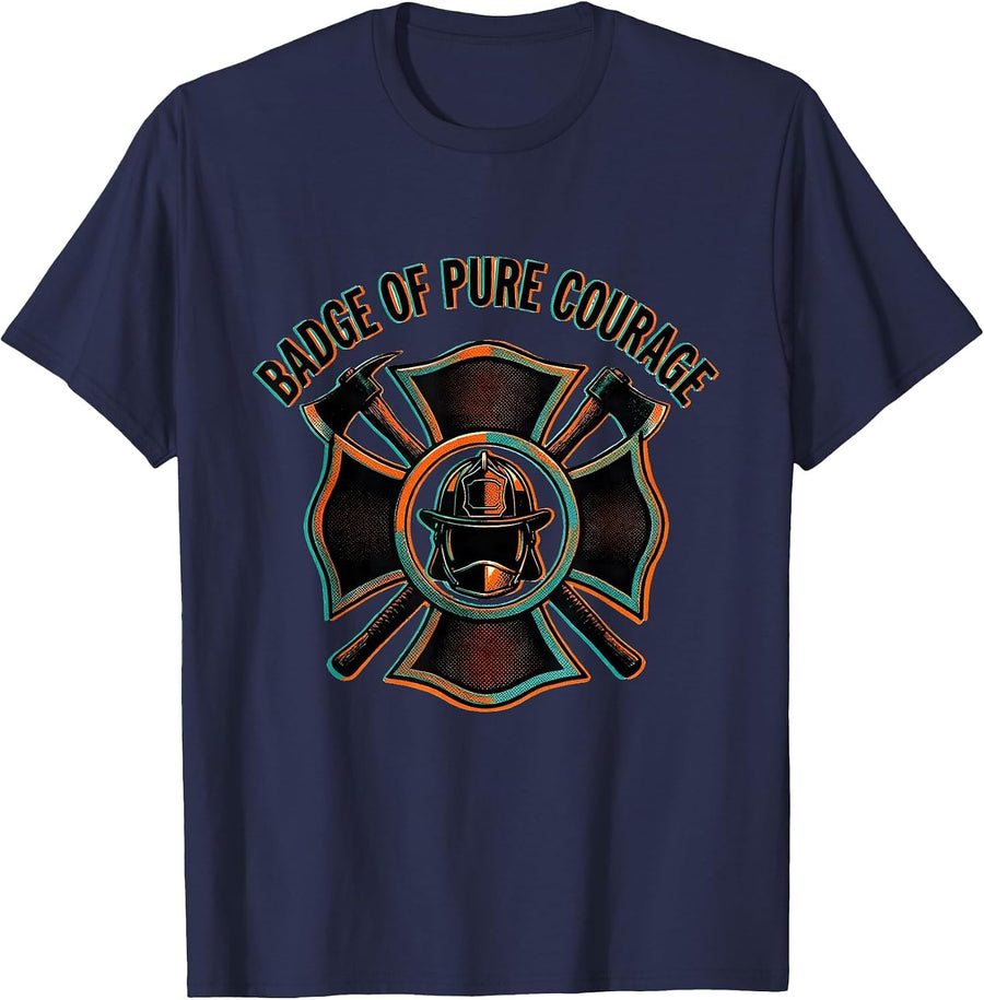 Badge of Pure Courage Firefighter Design T-Shirt - Navy Blue