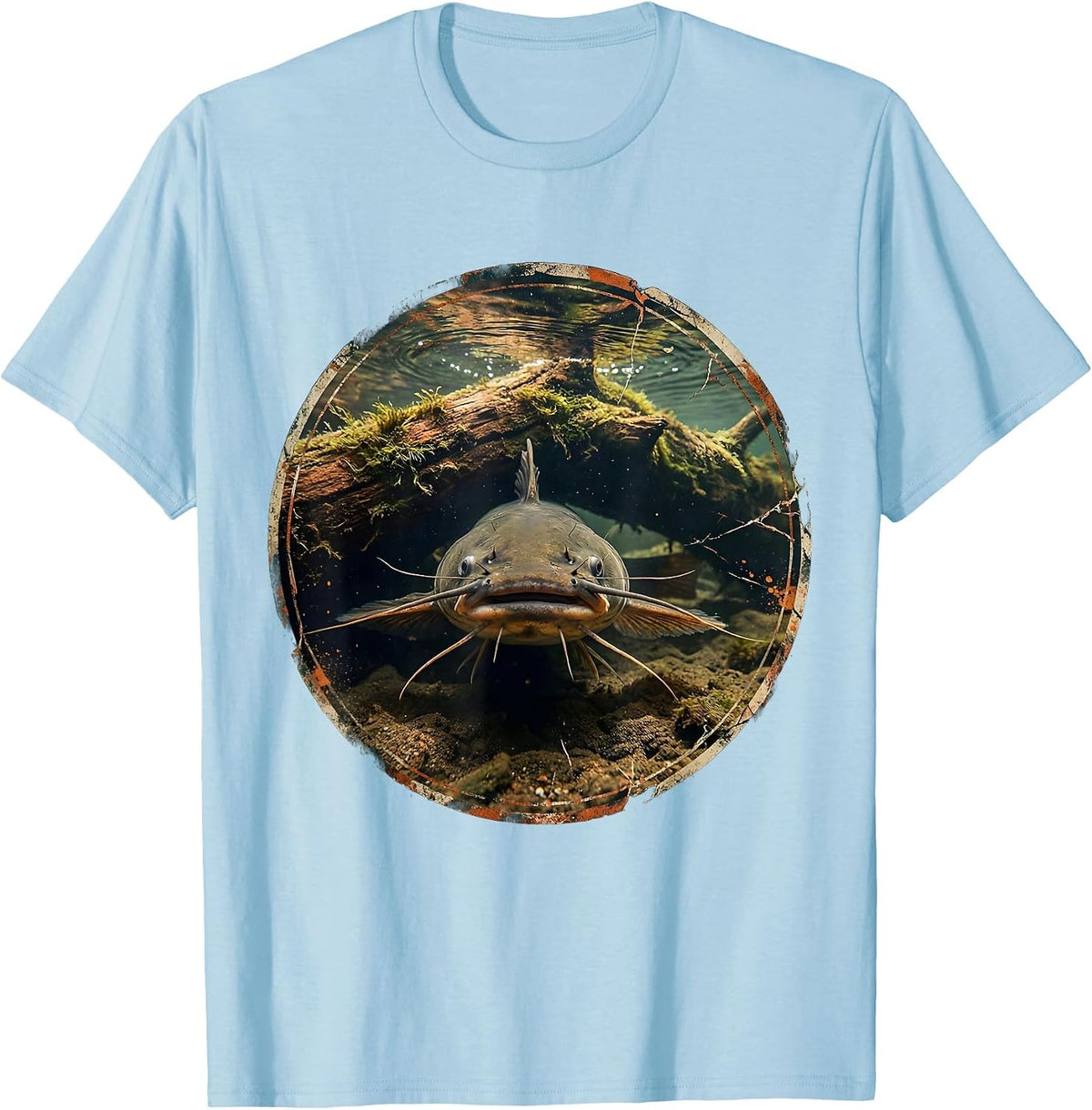 Men's Catfish Under Sunken Log Fishing Graphic T-Shirt - Baby Blue